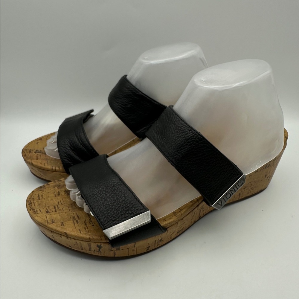 Vionic Pepper Leather‎ Wedge Sandals Womens 11 Black Cork Platform Slide Casual